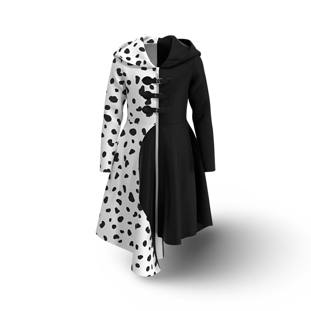 Halloween-jurk voor kinderen in zwart-wit schurkenkostuum met dalmatiërvlekken en vastzittende capuchon voor cosplayfeestjes