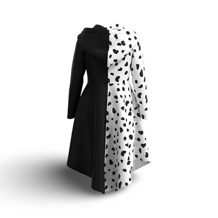 Halloween-jurk voor kinderen in zwart-wit schurkenkostuum met dalmatiërvlekken en vastzittende capuchon voor cosplayfeestjes