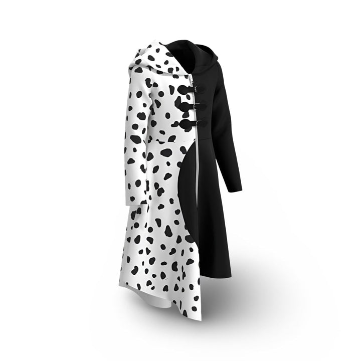 Halloween-jurk voor kinderen in zwart-wit schurkenkostuum met dalmatiërvlekken en vastzittende capuchon voor cosplayfeestjes
