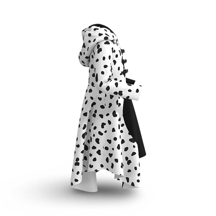 Halloween-jurk voor kinderen in zwart-wit schurkenkostuum met dalmatiërvlekken en vastzittende capuchon voor cosplayfeestjes