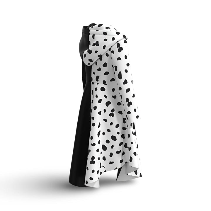 Halloween-jurk voor kinderen in zwart-wit schurkenkostuum met dalmatiërvlekken en vastzittende capuchon voor cosplayfeestjes