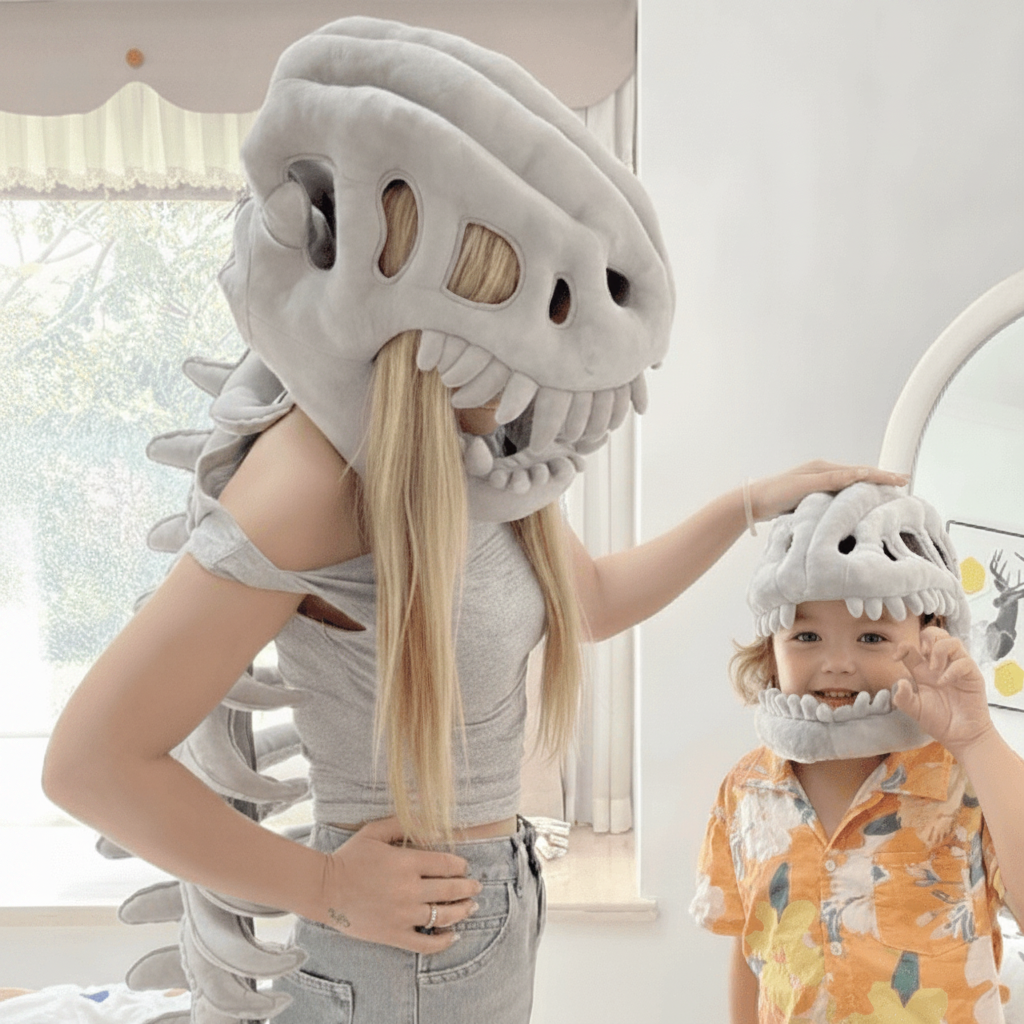 Halloween-dinosauruskostuum voor kinderen, schedelmuts met pluche skeletwervelkolom-staart en 3D-botdetails