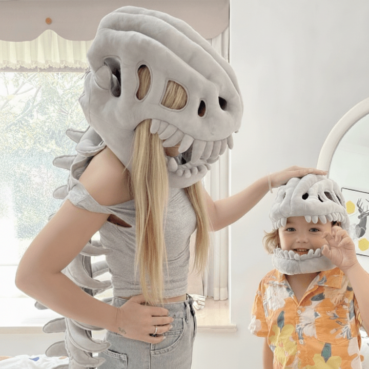 Halloween-dinosauruskostuum voor kinderen, schedelmuts met pluche skeletwervelkolom-staart en 3D-botdetails