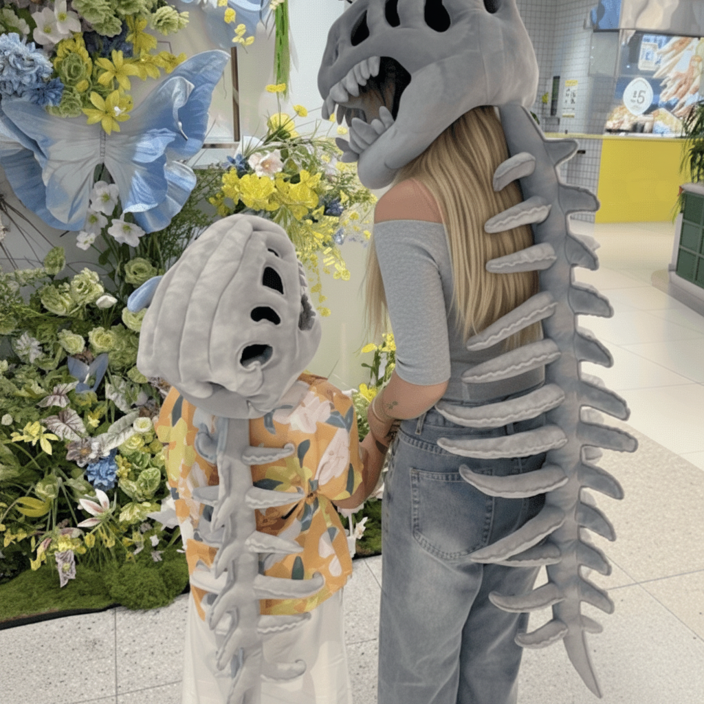 Halloween-dinosauruskostuum voor kinderen, schedelmuts met pluche skeletwervelkolom-staart en 3D-botdetails