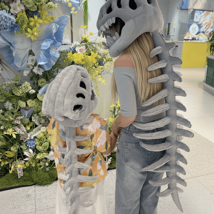 Halloween-dinosauruskostuum voor kinderen, schedelmuts met pluche skeletwervelkolom-staart en 3D-botdetails