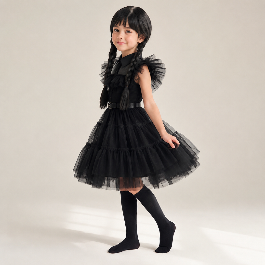 Halloween gothic schoolmeisje familiekostuum voor kinderen, jurk met gelaagde tulen rok en kanten masker