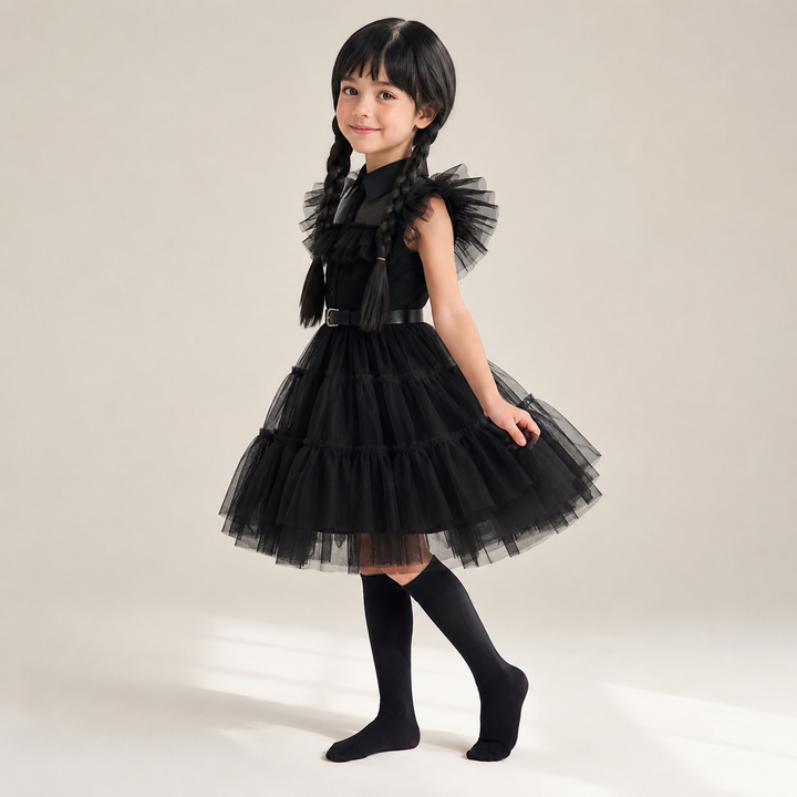 Halloween gothic schoolmeisje familiekostuum voor kinderen, jurk met gelaagde tulen rok en kanten masker