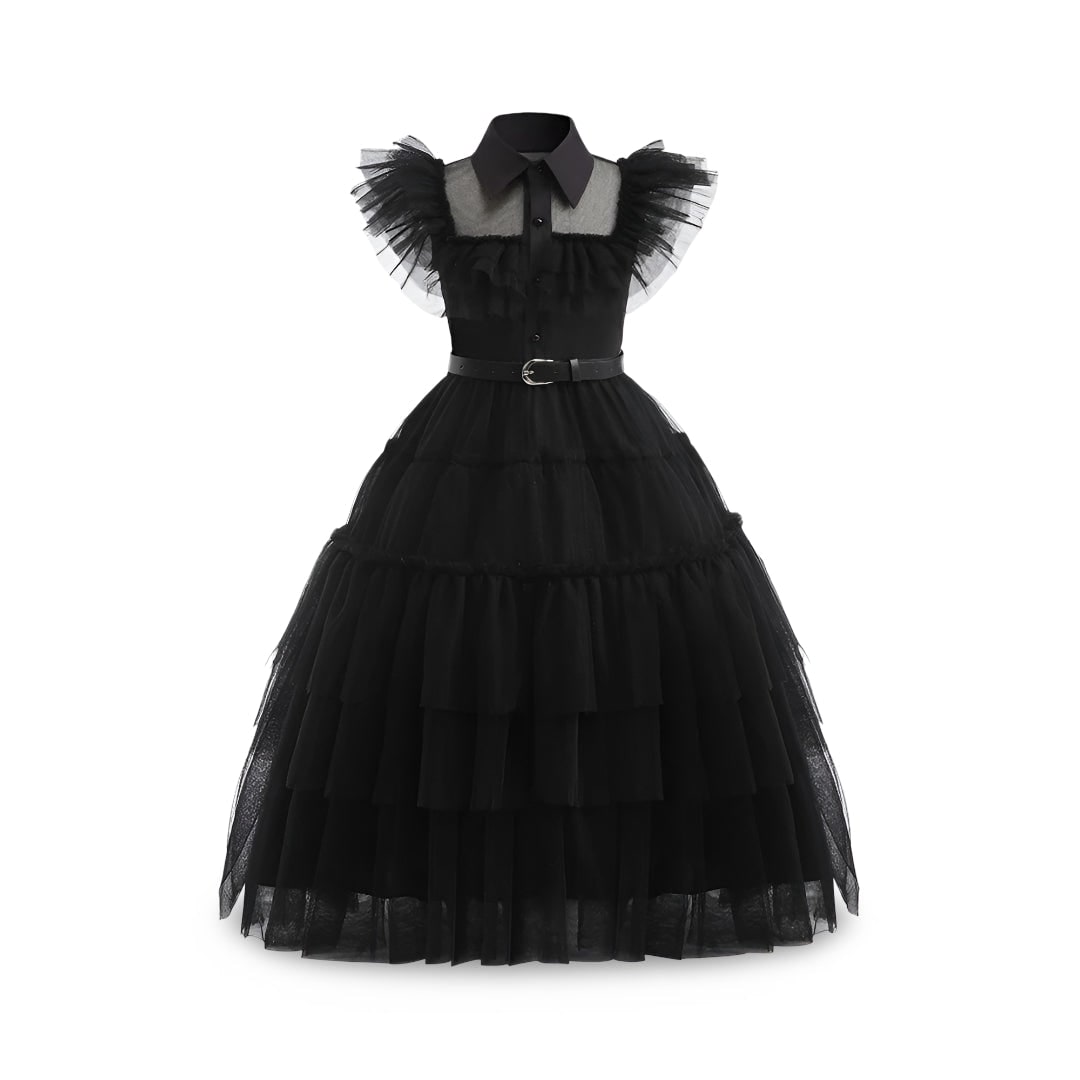 Halloween gothic schoolmeisje familiekostuum voor kinderen, jurk met gelaagde tulen rok en kanten masker
