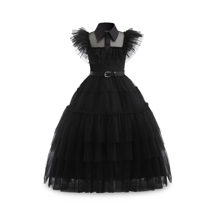 Halloween gothic schoolmeisje familiekostuum voor kinderen, jurk met gelaagde tulen rok en kanten masker