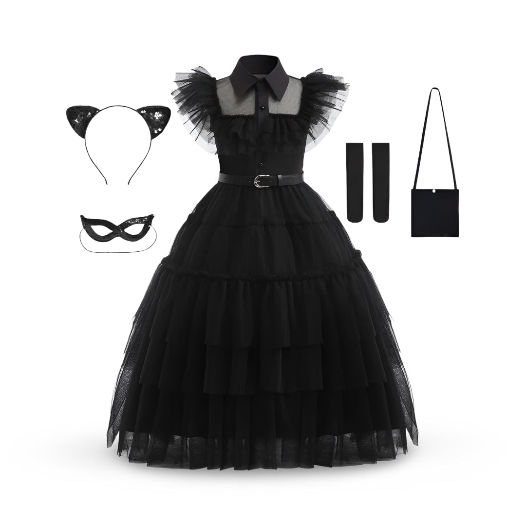 Halloween gothic schoolmeisje familiekostuum voor kinderen, jurk met gelaagde tulen rok en kanten masker