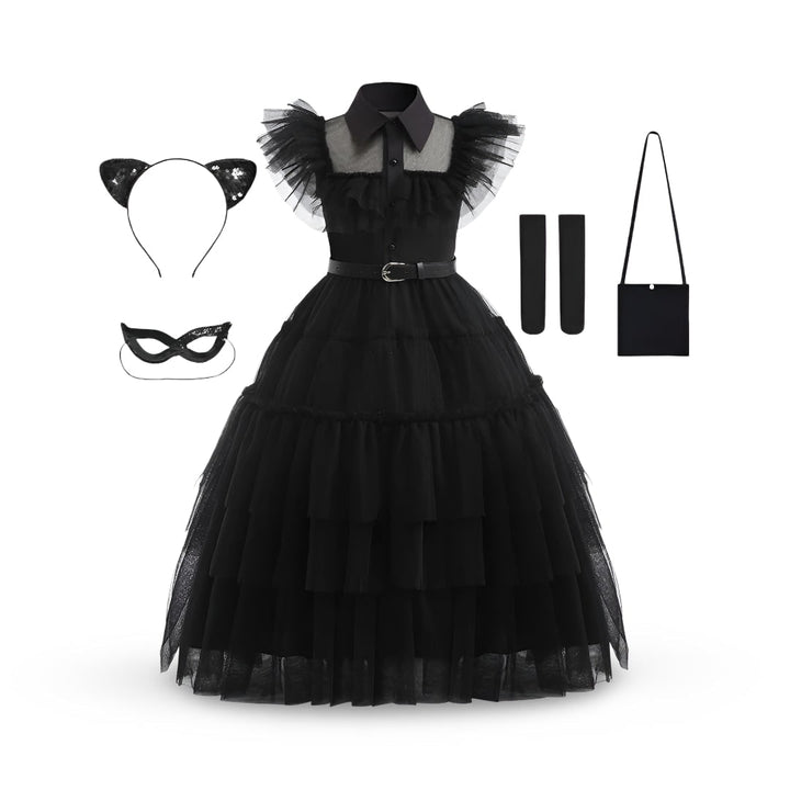Halloween gothic schoolmeisje familiekostuum voor kinderen, jurk met gelaagde tulen rok en kanten masker