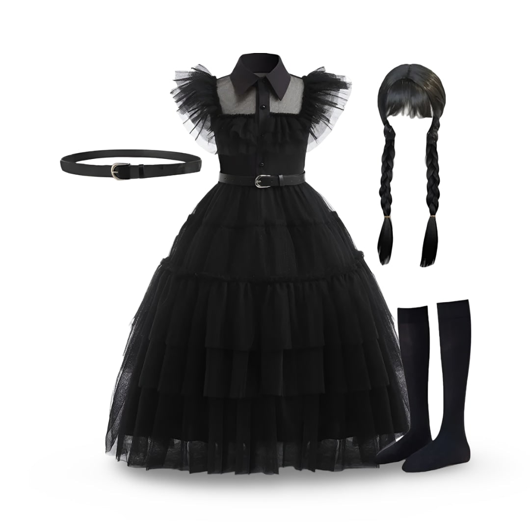 Halloween gothic schoolmeisje familiekostuum voor kinderen, jurk met gelaagde tulen rok en kanten masker