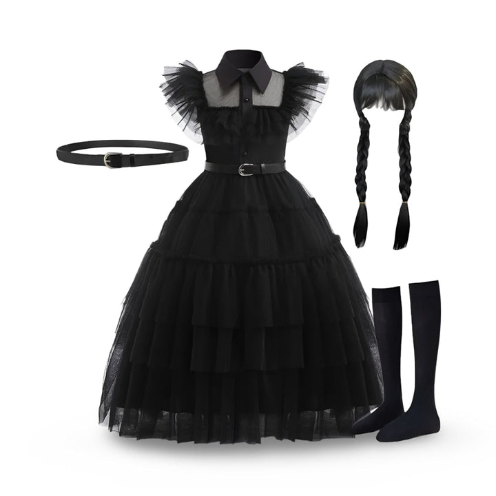 Halloween gothic schoolmeisje familiekostuum voor kinderen, jurk met gelaagde tulen rok en kanten masker