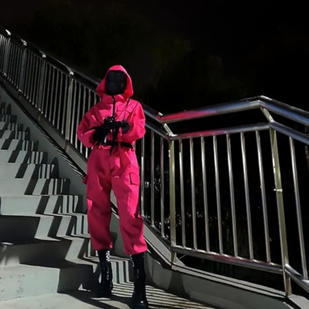 Halloween jumpsuit-kostuum voor kinderen met capuchon, masker, riem en cargozakken, roze