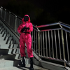 Halloween jumpsuit-kostuum voor kinderen met capuchon, masker, riem en cargozakken, roze
