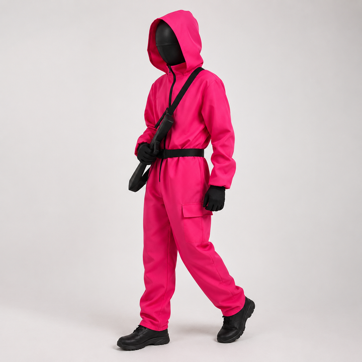 Halloween jumpsuit-kostuum voor kinderen met capuchon, masker, riem en cargozakken, roze