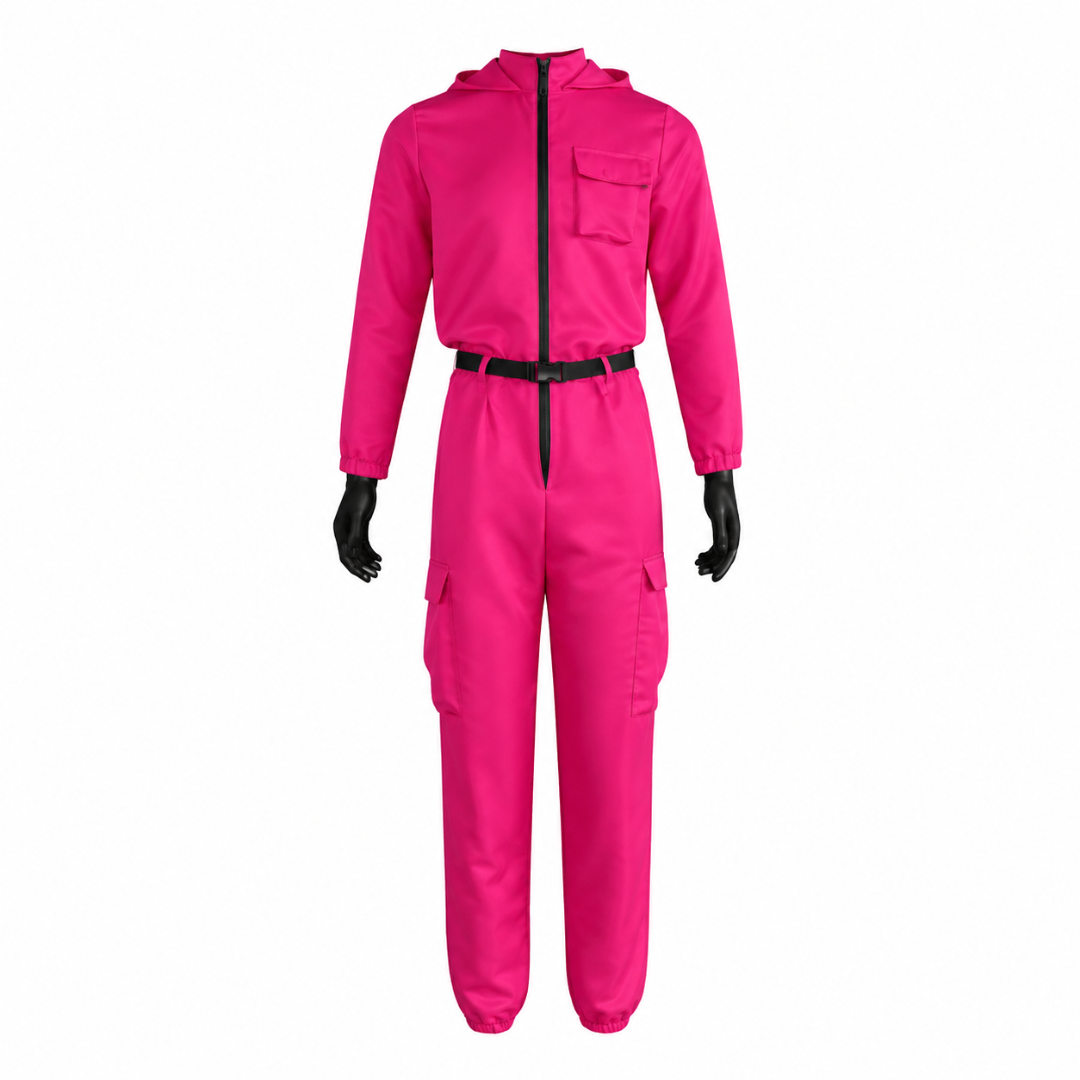 Halloween jumpsuit-kostuum voor kinderen met capuchon, masker, riem en cargozakken, roze