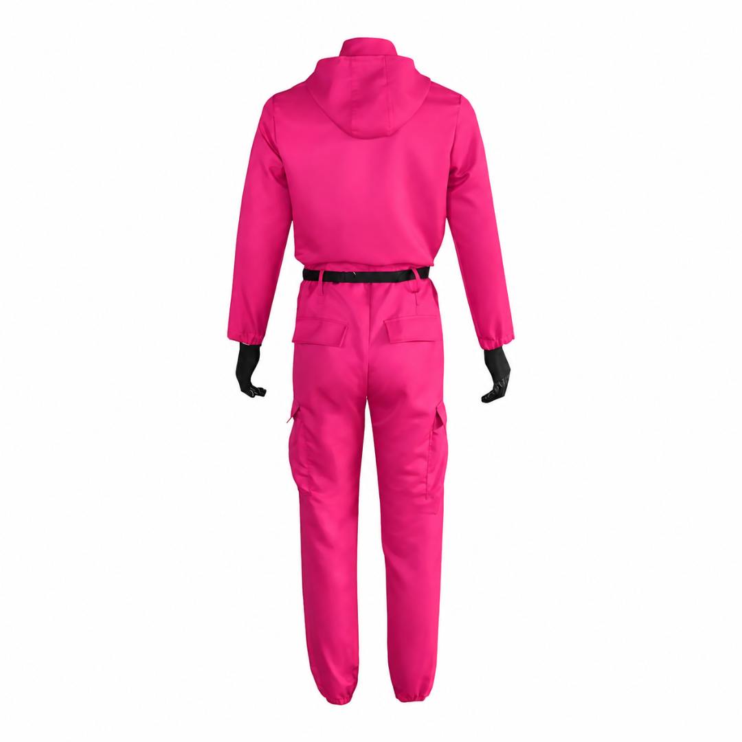 Halloween jumpsuit-kostuum voor kinderen met capuchon, masker, riem en cargozakken, roze
