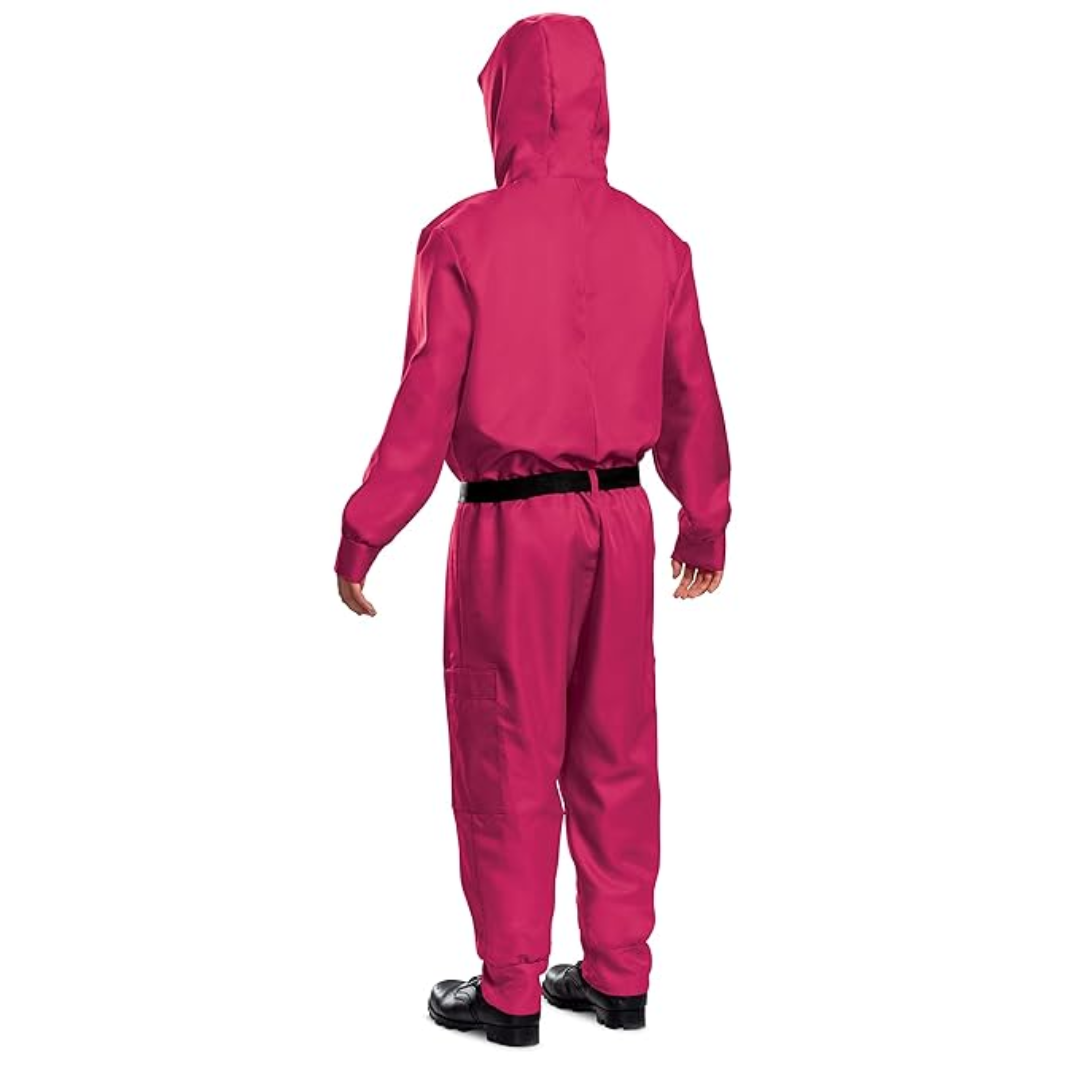 Halloween jumpsuit-kostuum voor kinderen met capuchon, masker, riem en cargozakken, roze