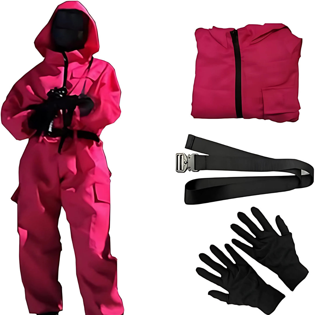 Halloween jumpsuit-kostuum voor kinderen met capuchon, masker, riem en cargozakken, roze