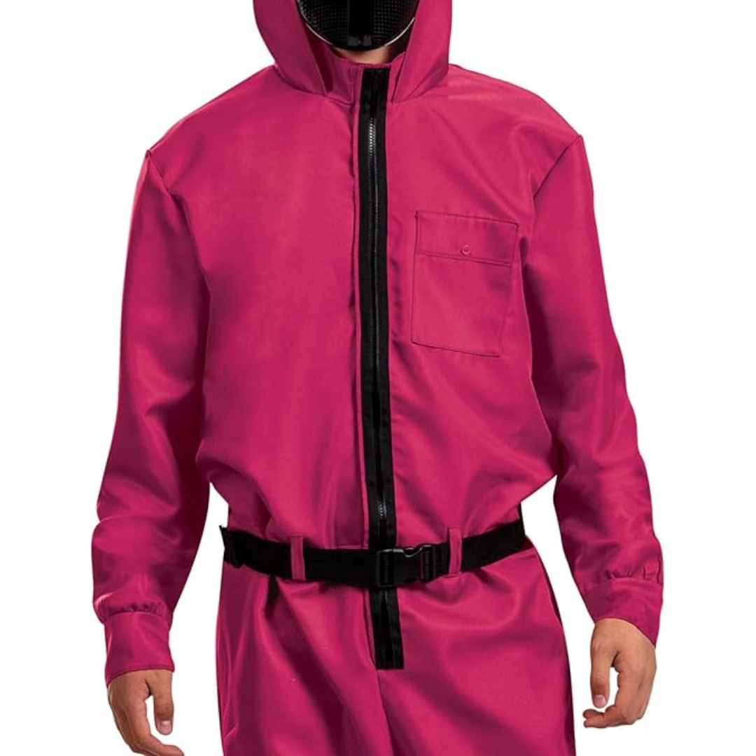 Halloween jumpsuit-kostuum voor kinderen met capuchon, masker, riem en cargozakken, roze