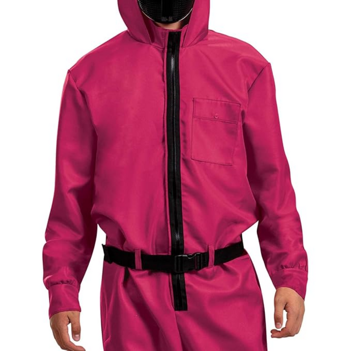 Halloween jumpsuit-kostuum voor kinderen met capuchon, masker, riem en cargozakken, roze