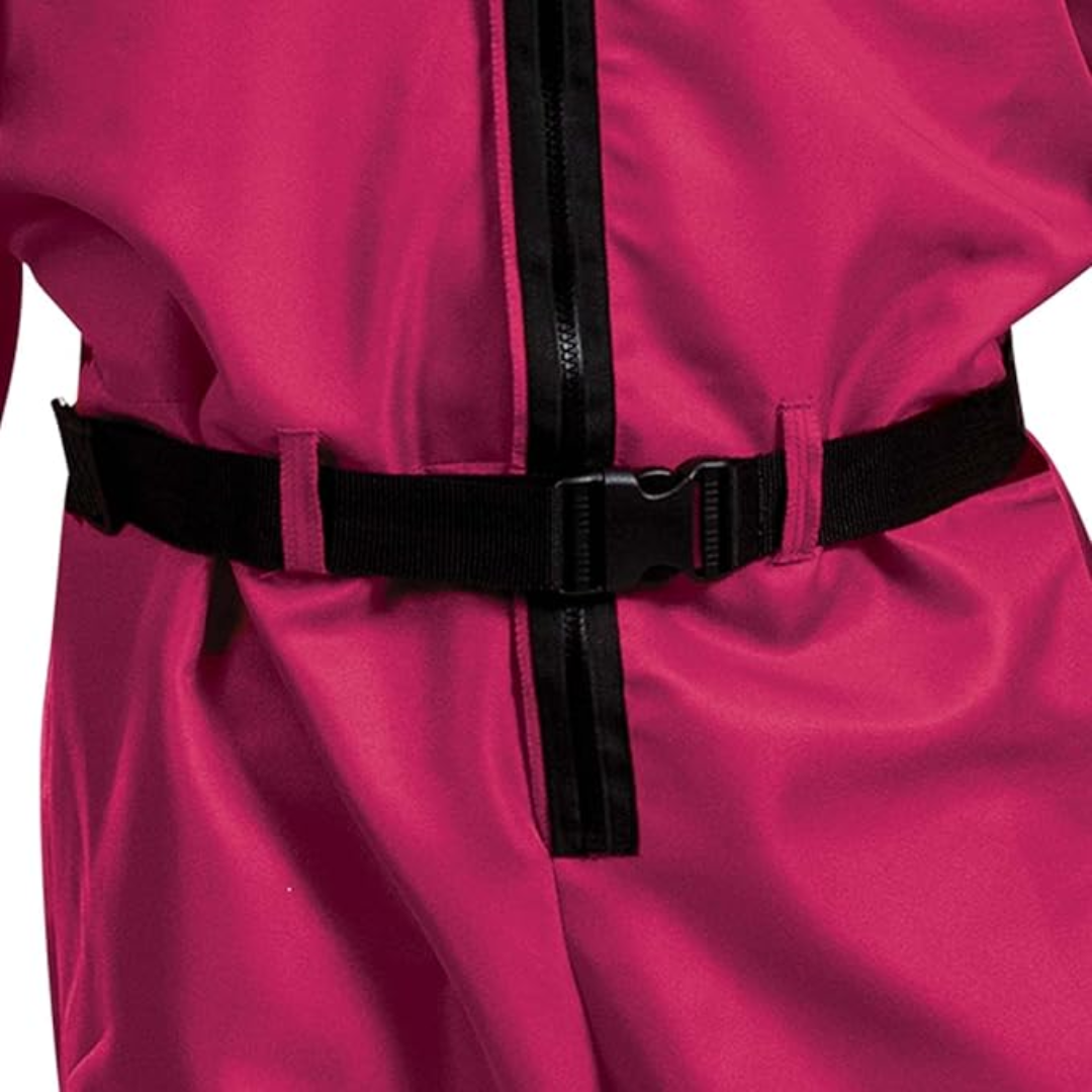 Halloween jumpsuit-kostuum voor kinderen met capuchon, masker, riem en cargozakken, roze