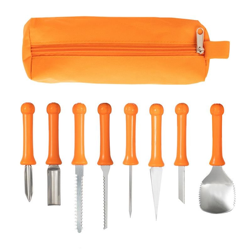 Halloween pompoensnijset met gereedschap en benodigdheden, 8-delige roestvrijstalen set