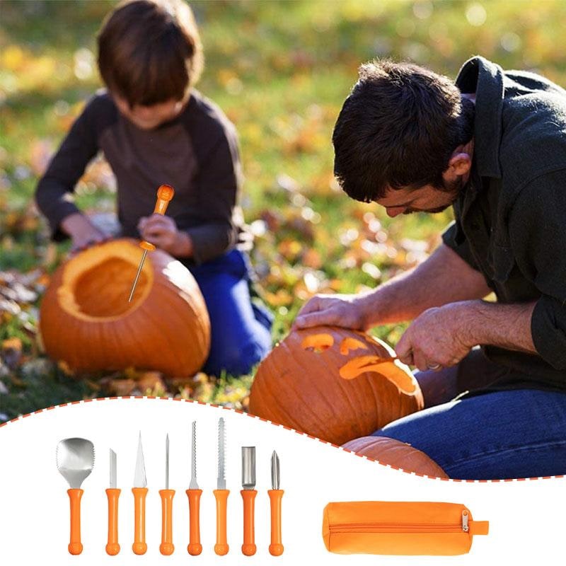 Halloween pompoensnijset met gereedschap en benodigdheden, 8-delige roestvrijstalen set