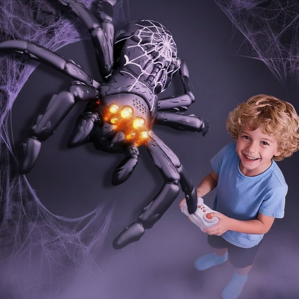 Halloween afstandsbestuurbare spin voor kinderen die tegen de muur klimt, speelgoed met LED-ogen en zuignappen