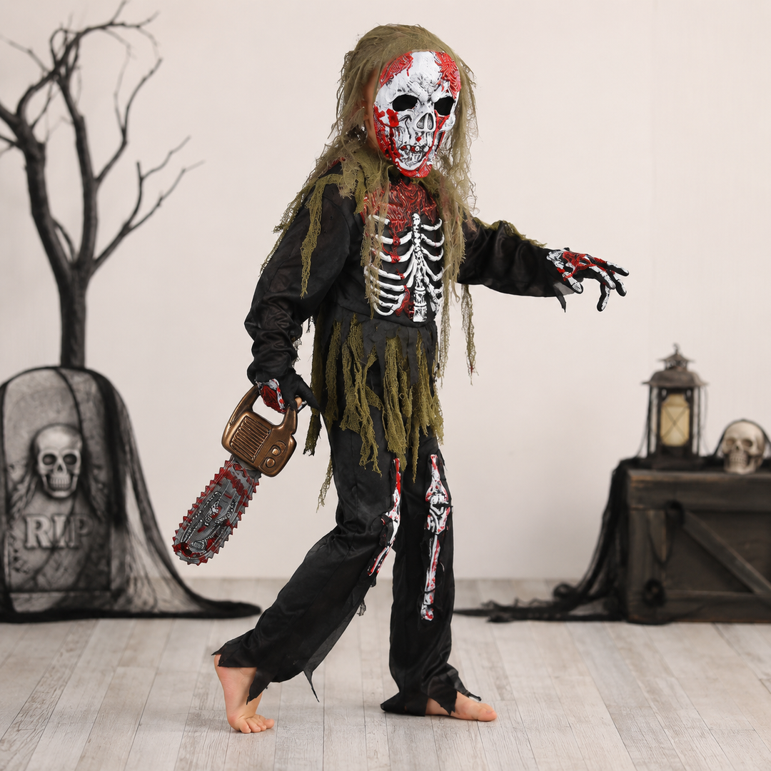 Halloween-zombieskeletkostuum voor kinderen met masker en handschoenen voor griezelige verkleedfeestjes