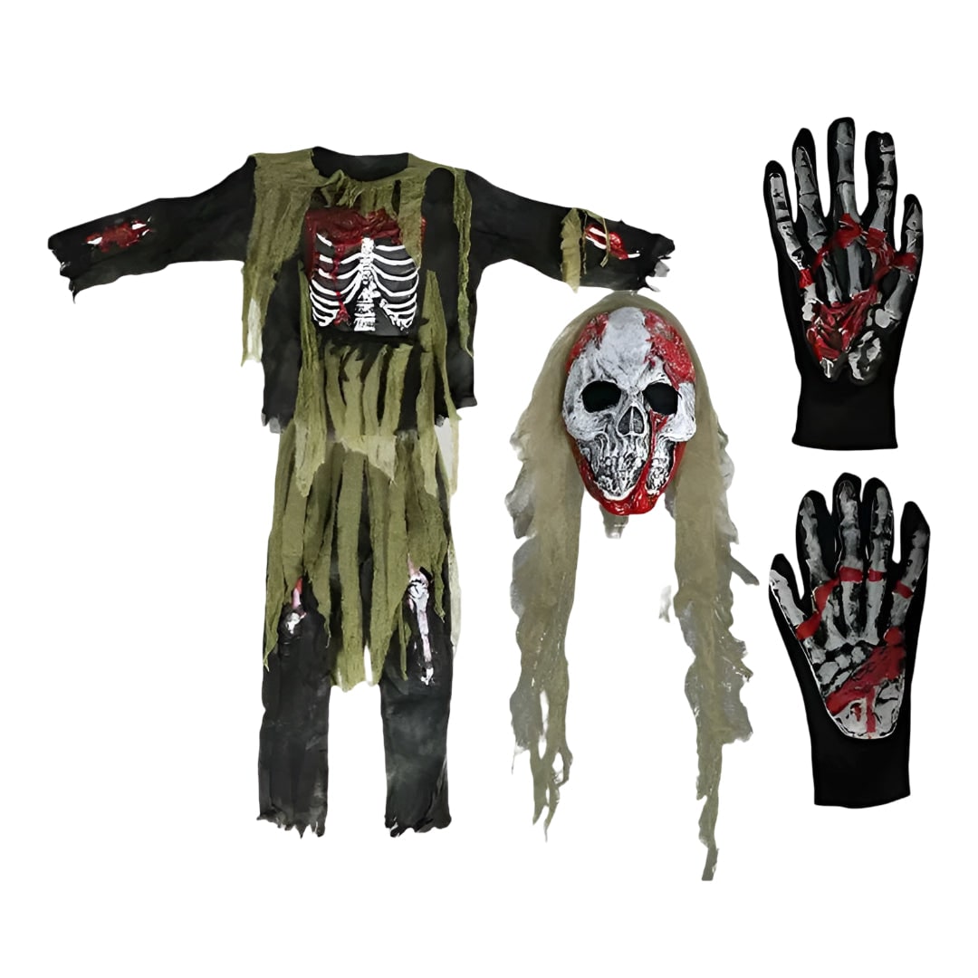 Halloween-zombieskeletkostuum voor kinderen met masker en handschoenen voor griezelige verkleedfeestjes