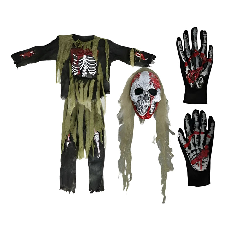 Halloween-zombieskeletkostuum voor kinderen met masker en handschoenen voor griezelige verkleedfeestjes