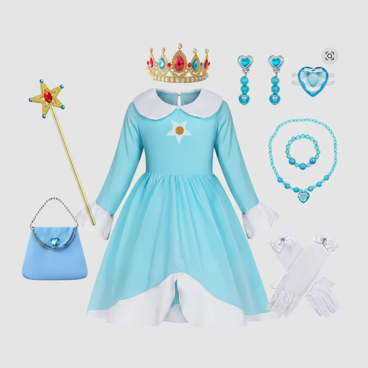 Prinsessenkostuumjurk voor kinderen met kroon en toverstaf