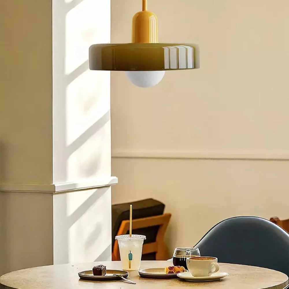 Keukenhanglamp met verstelbaar snoer en glazen schijfkap voor de woonkamer