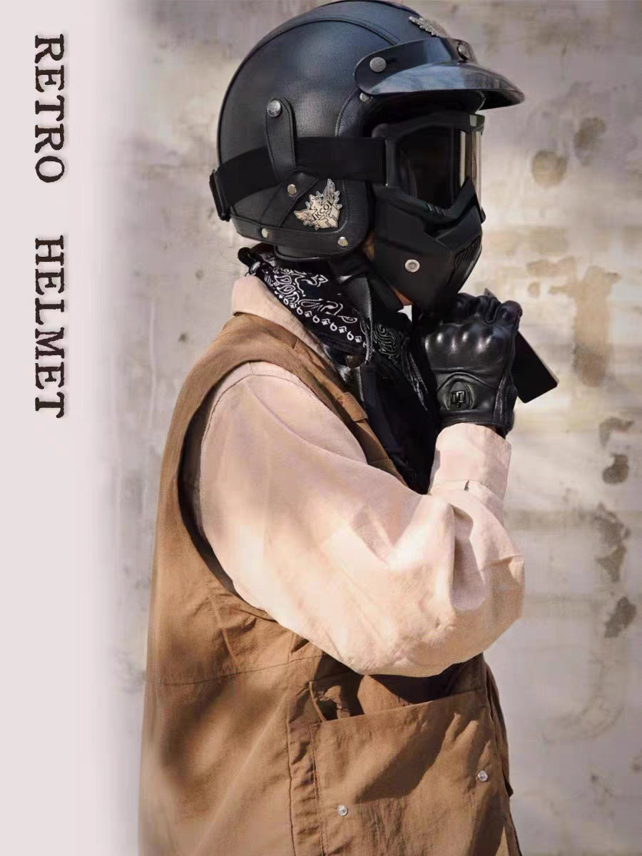 Vintage Retro Open Motorhelm met Masker en Bril