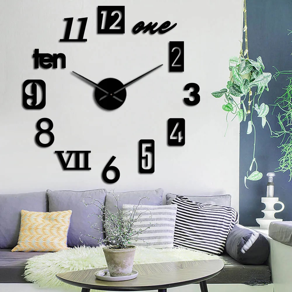 Grote lange wandklok met 3D zelfklevende cijfers en minimalistische metalen wijzers vintage