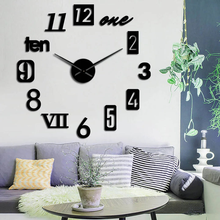 Grote lange wandklok met 3D zelfklevende cijfers en minimalistische metalen wijzers vintage