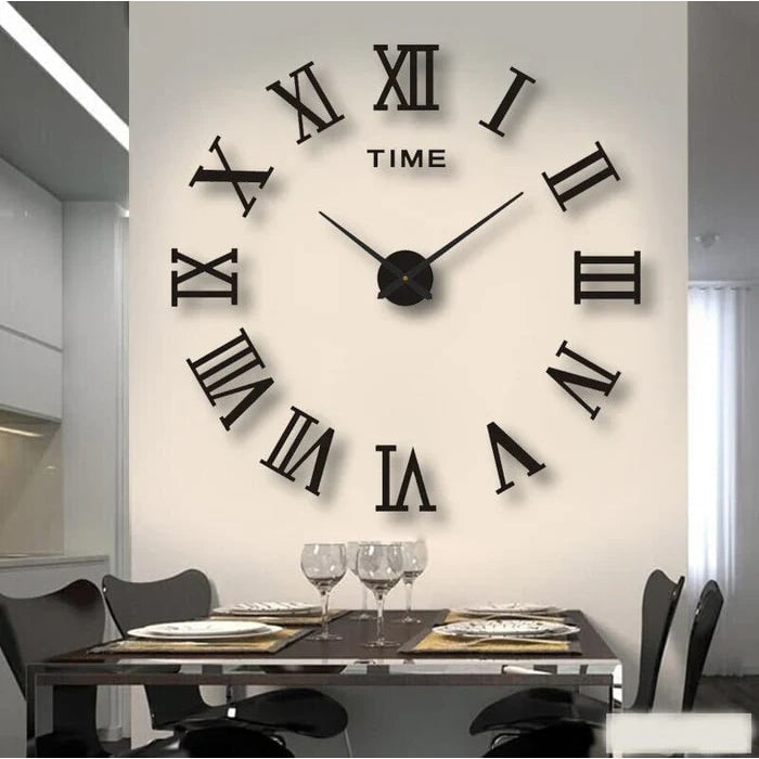 Grote lange wandklok met 3D zelfklevende cijfers en minimalistische metalen wijzers vintage