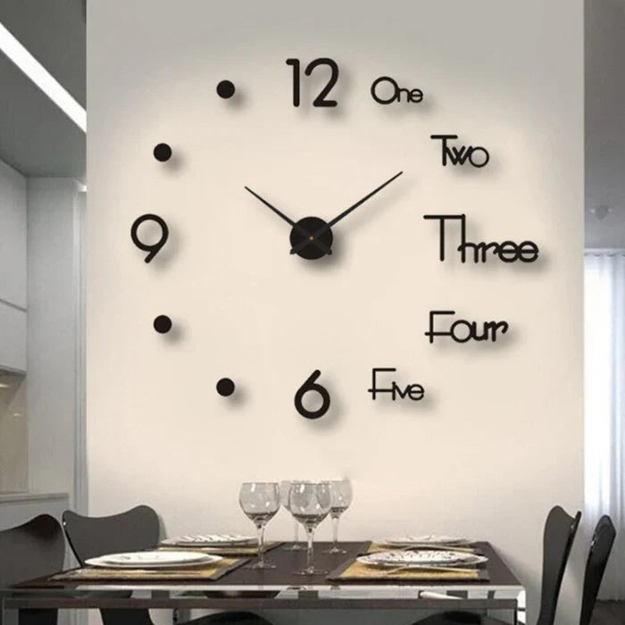 Grote lange wandklok met 3D zelfklevende cijfers en minimalistische metalen wijzers vintage