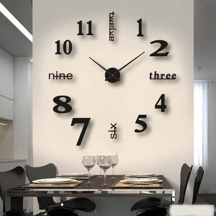 Grote lange wandklok met 3D zelfklevende cijfers en minimalistische metalen wijzers vintage