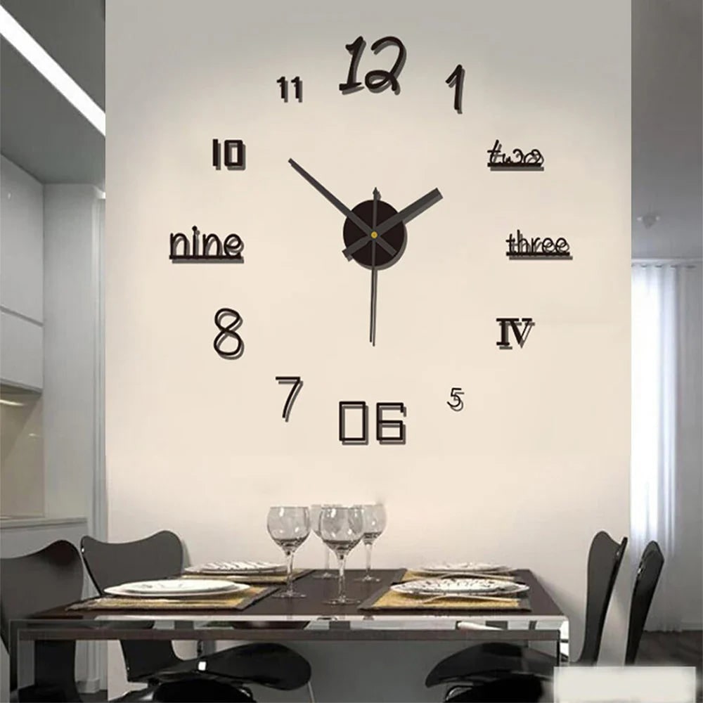 Grote lange wandklok met 3D zelfklevende cijfers en minimalistische metalen wijzers vintage