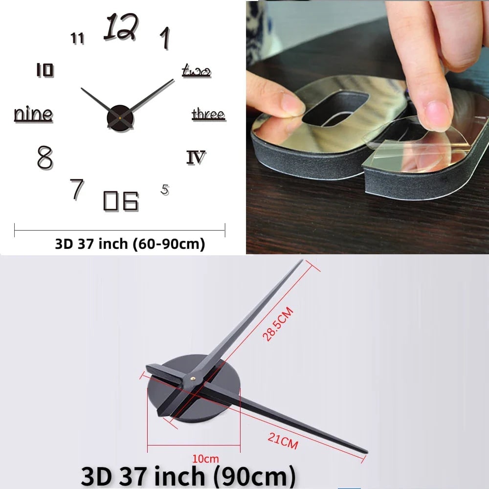 Grote lange wandklok met 3D zelfklevende cijfers en minimalistische metalen wijzers vintage