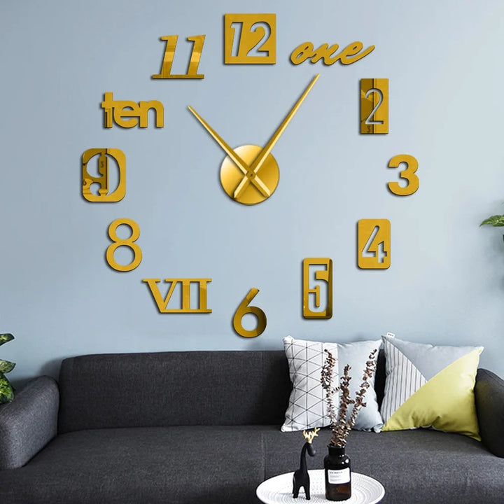 Grote lange wandklok met 3D zelfklevende cijfers en minimalistische metalen wijzers vintage