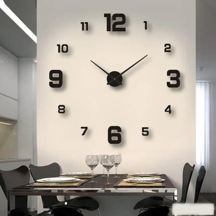 Grote lange wandklok met 3D zelfklevende cijfers en minimalistische metalen wijzers vintage