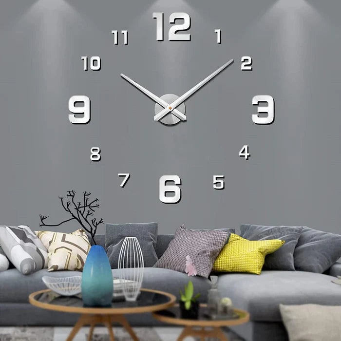 Grote lange wandklok met 3D zelfklevende cijfers en minimalistische metalen wijzers vintage