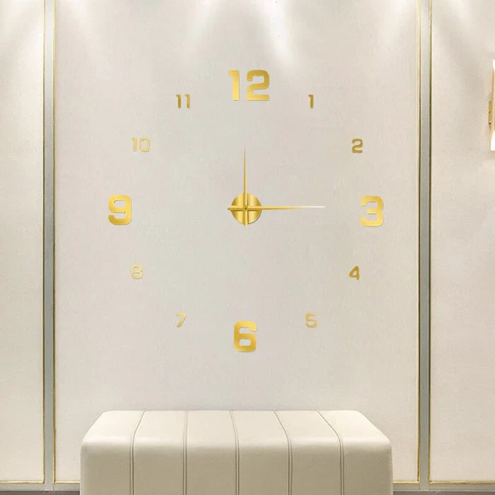 Grote lange wandklok met 3D zelfklevende cijfers en minimalistische metalen wijzers vintage