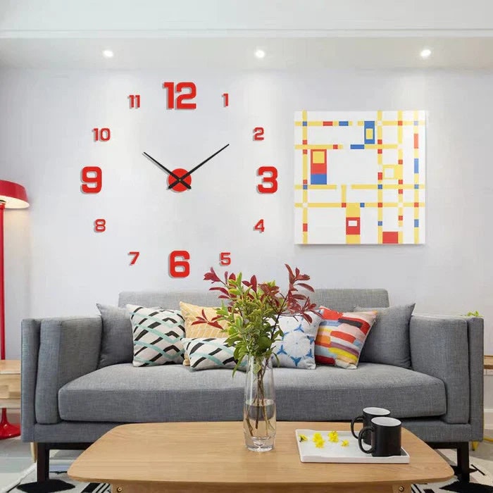 Grote lange wandklok met 3D zelfklevende cijfers en minimalistische metalen wijzers vintage