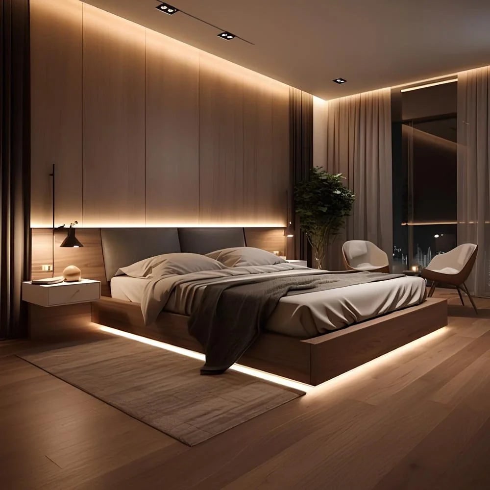 Ledstrip met bewegingssensor en geactiveerde verlichting voor slaapkamer, tape onder kast