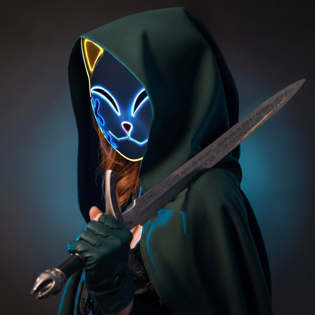 Halloween LED vos kitsune masker met oplichtend Japans demonenontwerp voor cosplay feest kostuum